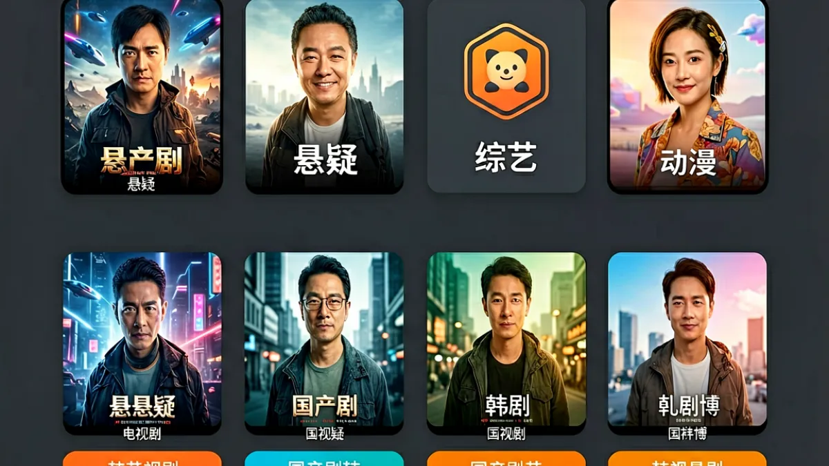 草莓影视内容分类导航页面示意图，展示了电影、电视剧、综艺、动漫四大分类入口及科幻悬疑国产剧韩剧等子分类标签横排排列在米白色背景上