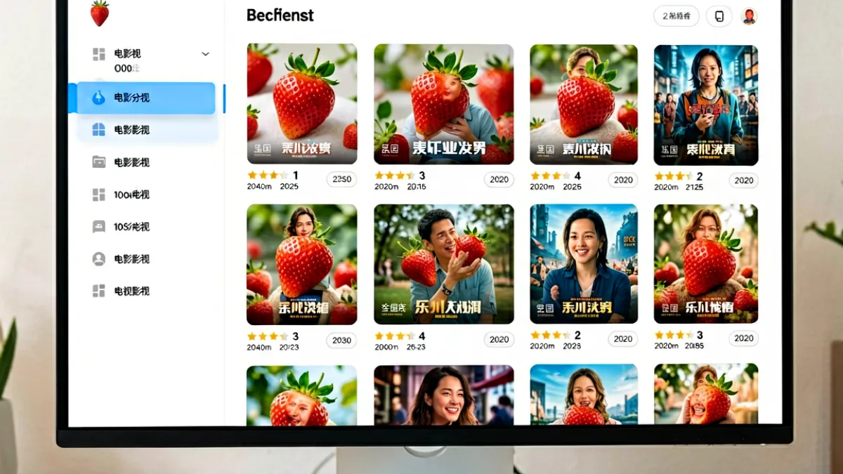 草莓影视内容分类页面截图：左侧显示电影与电视剧两大分区，每个分区下排列着多部作品的封面卡片，封面下方标注了评分和年份信息