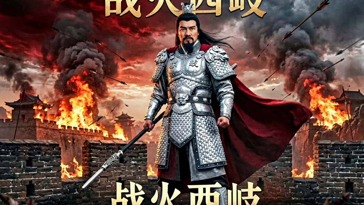 封神第二部电影宣传海报，姜子牙身披战甲立于西岐城墙上，身后是熊熊燃烧的战火与漫天箭雨，整体色调偏暖红与深灰